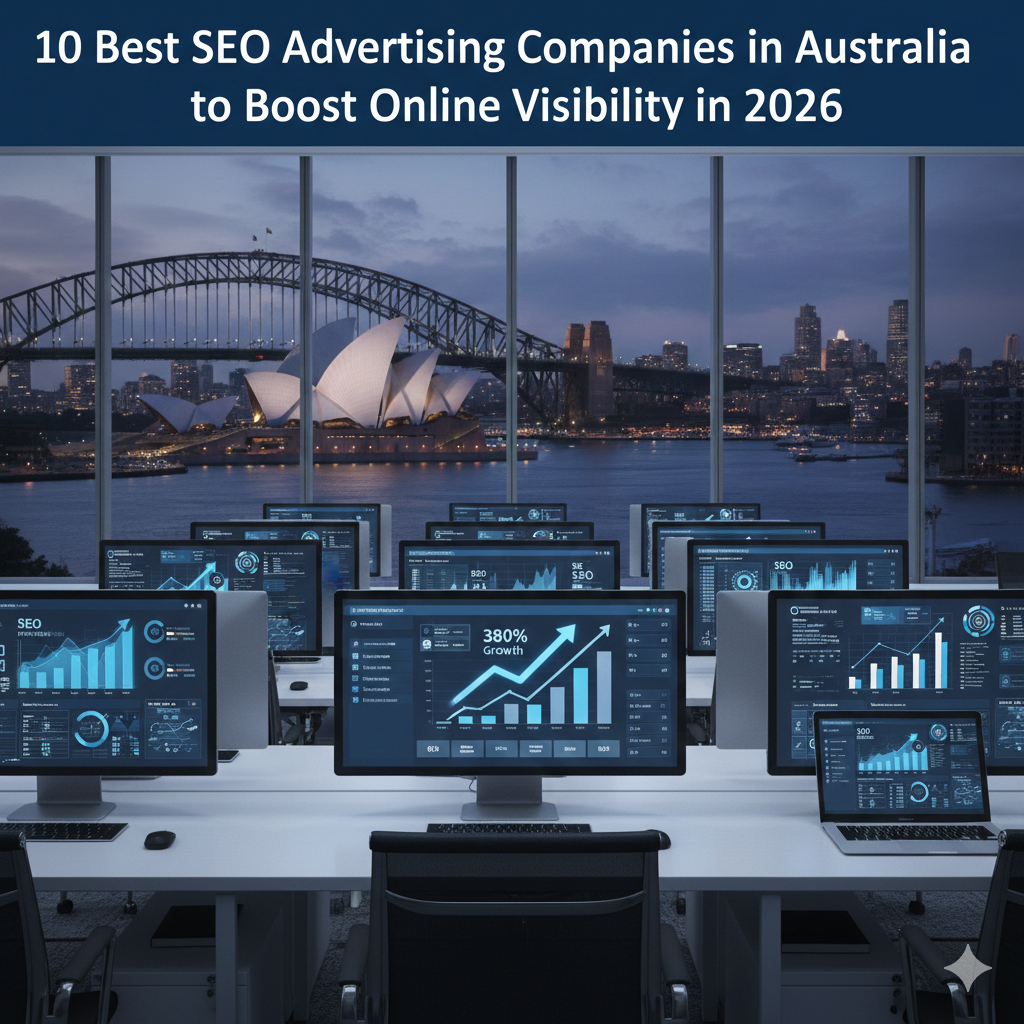 SEO advertising company Australia showing website ranking growth on laptop with Australian city view