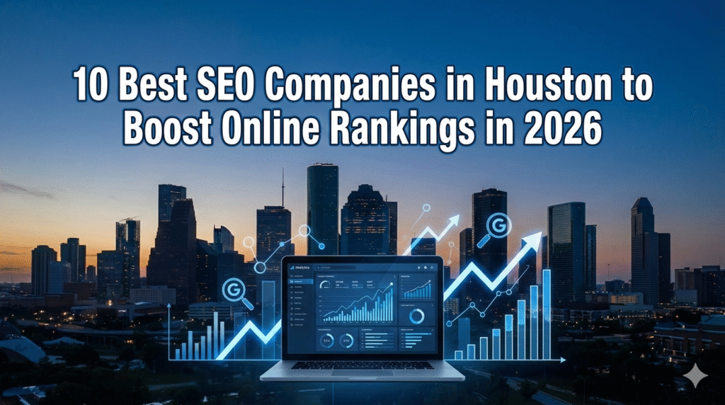 Professional Houston city skyline with digital marketing elements representing top Houston SEO companies